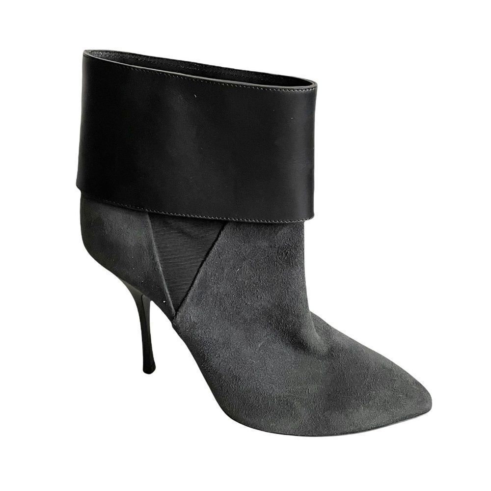 GIUSEPPE ZANOTTI Grey Black Suede Leather Pointy Toe Ankle Boots 37.5
